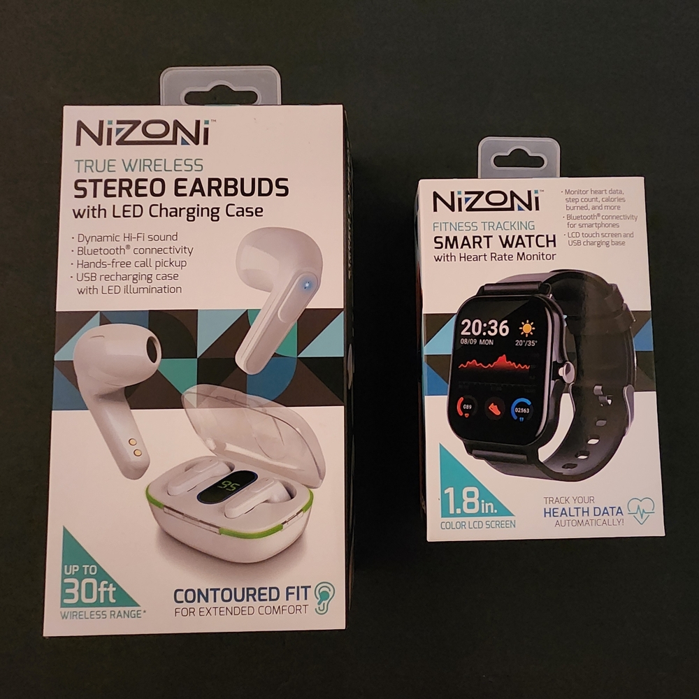 New In Box, Smart Watch NIZONI Black & Wireless Earbuds White, Gift
